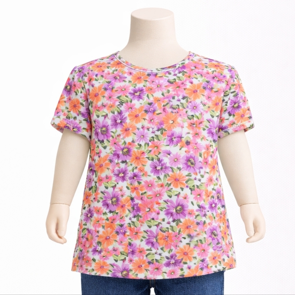 Vintage Healthtex Floral Kids Tee - Pink, Purple, and Orange 4T